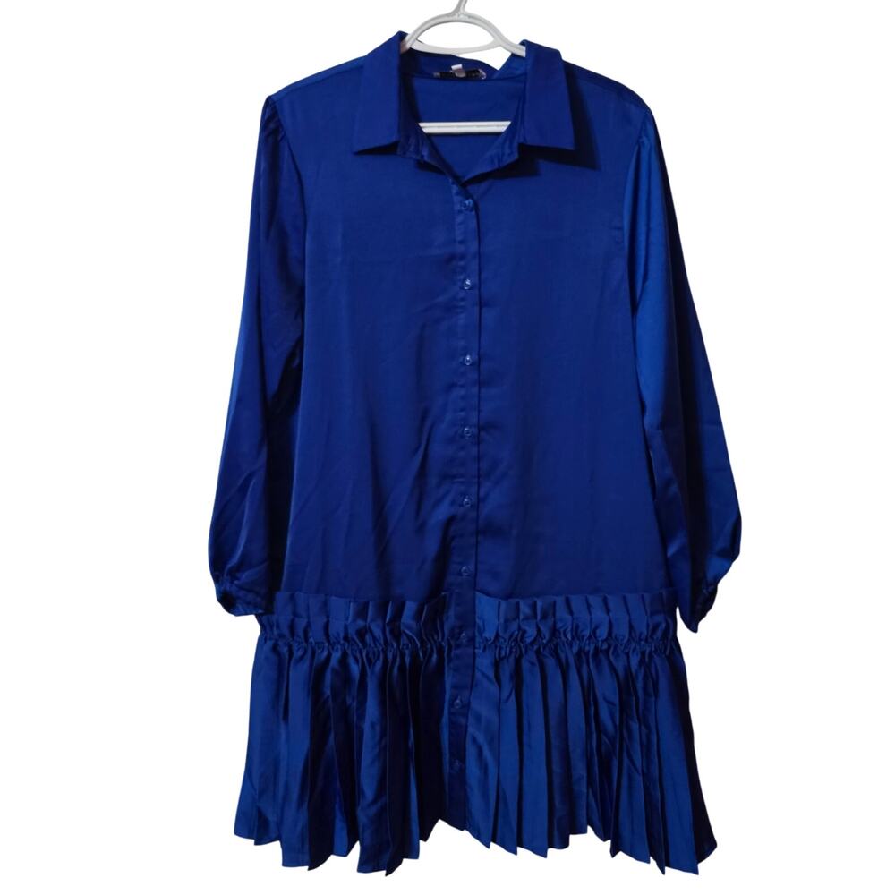 Taylor Tillman Ruffle Satin Blue Midi Shirt Dress Medium‎